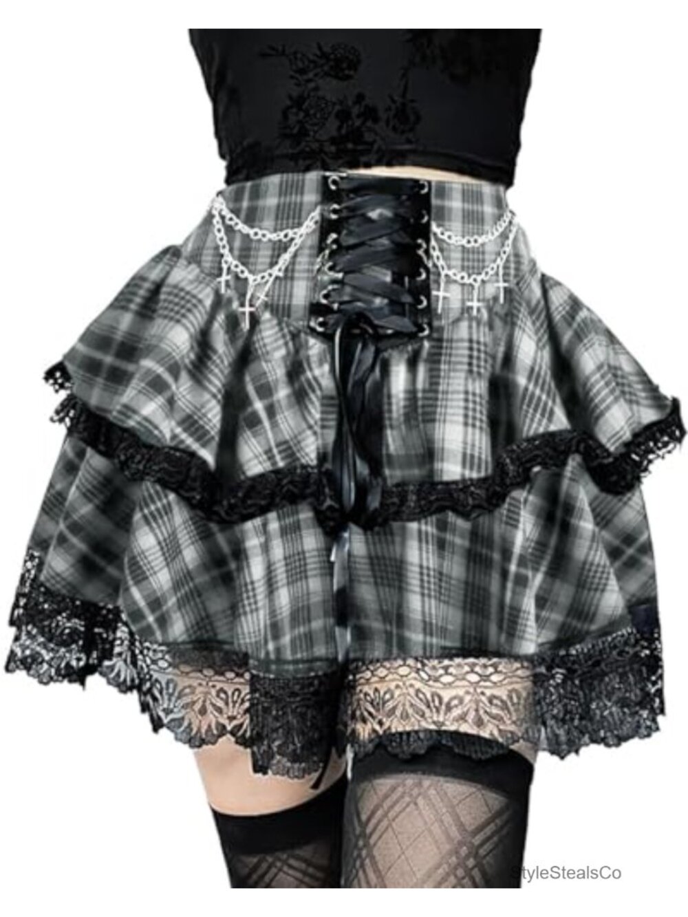 Goth Plaid Mini Skirt Tie Waist Lace Ruffles High Waisted A-Line Y2K